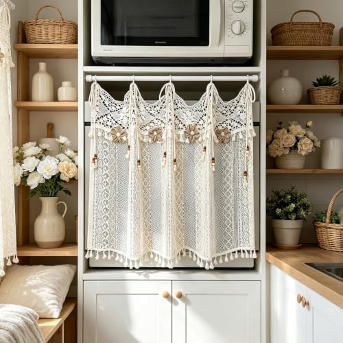 Boho Crochet Lace Sheer Curtain Valance for Window Kitchen Doorway Entryway - size: 43"W x 20"L (Pack of 1)