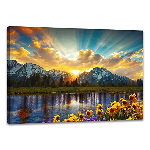 SKASNFAI Grand Teton National Park Wall Art Sunflower Landscape Canvas Mountain Artwork Landscape Print for Living Room Framed (16x24 inch) - color: Forest 04, size: 16"L x 24"W