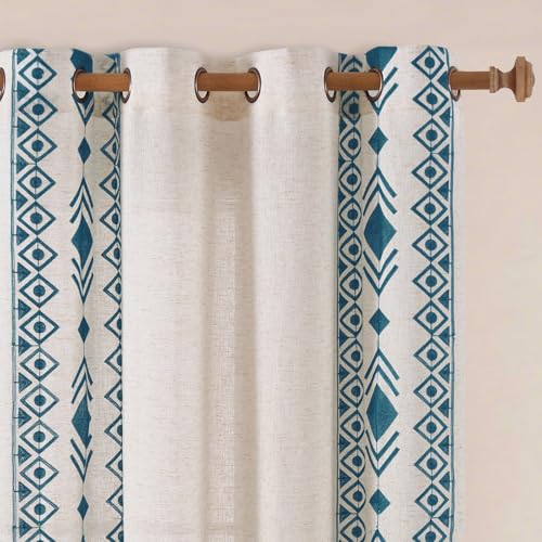 Blue Boho Sheer Linen Curtains 63 Inch for Living Room 2 Panels - color: Geometric-blue, size: 52"W x 63"L (Pack of 2)