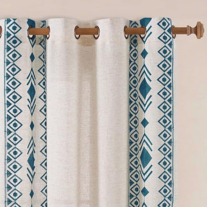 Blue Boho Sheer Linen Curtains 63 Inch for Living Room 2 Panels - color: Geometric-blue, size: 52"W x 63"L (Pack of 2)