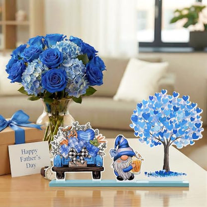Smile Father's Day Wooden Table Decor Blue Heart Tree Beer Truck Gnome with Beer Desktop Decorations for Home Office Shelf Gift for Dad Husband Grandpa - style: Tree Dad