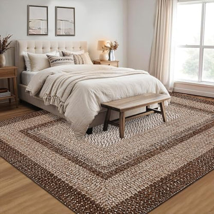 RUGSREAL Washable Bedroom Rug 4x6 Living Room Braided Print Floor Cover - color: Brown, size: 4' x 6' (Rectangular)