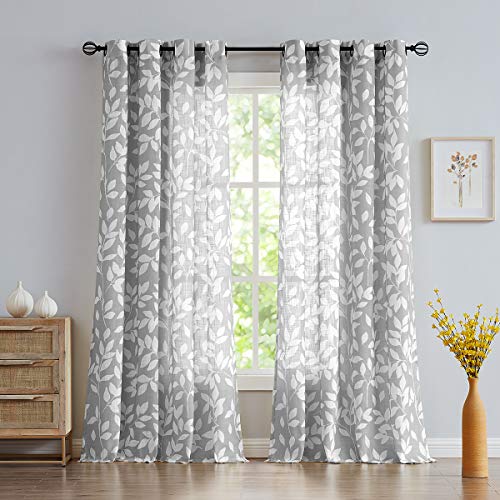 White Grey Leaf Curtains 84" Privacy Semi Sheer Window Drapes Bedroom 2pk - color: Grey, size: 52"W x 84"L (Pack of 2)