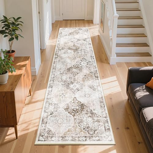 Ileading Washable Hallway Runner Rugs, 2x8 Non Slip Runners Area Rug for Entryway Kitchen Bathroom Bedroom Laundry Living Room, Long Narrow Low-Pile Floor Carpet Boho Vintage Throw Mat for Kids Room - color: Beige&brown, size: 2' x 8' (Rectangular)