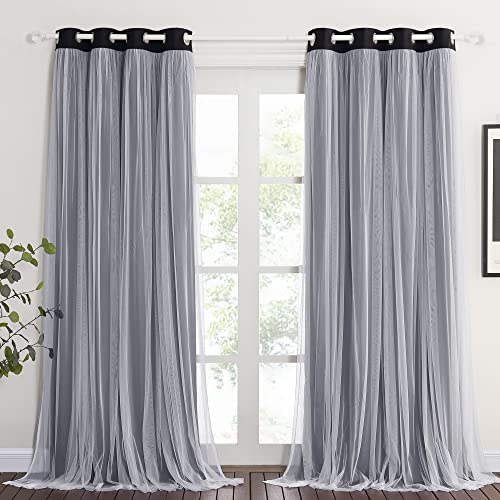 Black Blackout Curtains with White Sheer Overlay for Bedroom/Living Room - color: Black, size: 52"W x 63"L (Pack of 2)