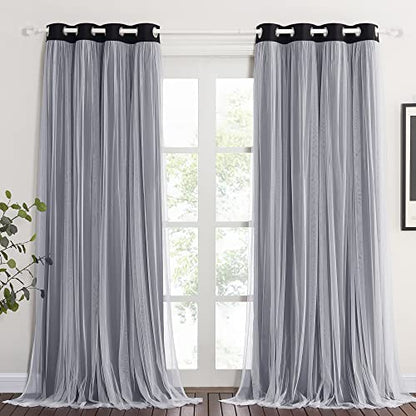 Black Blackout Curtains with White Sheer Overlay for Bedroom/Living Room - color: Black, size: 52"W x 63"L (Pack of 2)