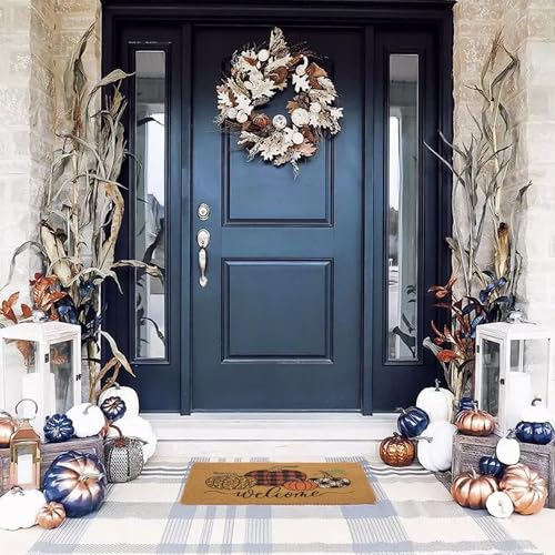 IZUS Hello-Pumpkin Fall Welcome-Doormats Harvest-Festival Outdoor-Entrance Non-Slip Leopard/Plaid-Printed-Pumpkins Autumn Frontdoor Mats 17x29inch - color: Pumpkins With Leopard+plaid+buffalo-check Printed