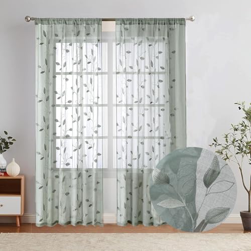 Elegant Sheer Curtains with Embroidered Leaf Design Spring Floral Curtains for Bedroom Light Filtering Rod Pocket Window Treatments Decor 2 Panels (Sage Green, 52inch*84inch) - color: Sage Green, size: 52"W x 84"L
