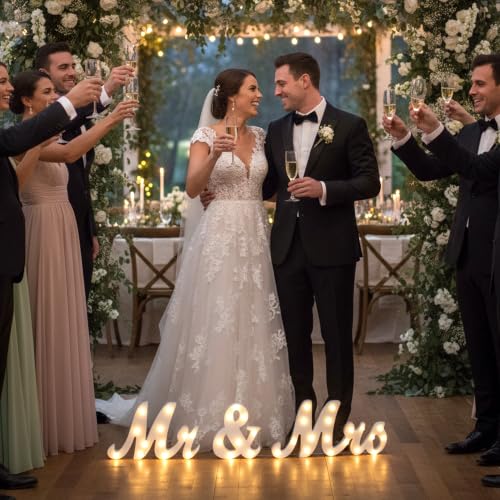 31in Light Up Mr & Mrs Sign White Wooden Letters Wedding Table Decor - color: Warm White