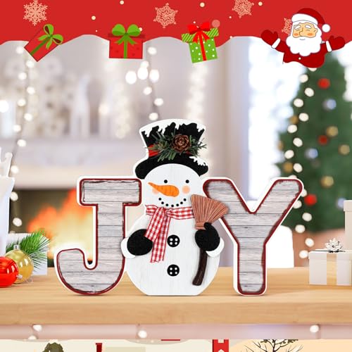 Snowman Christmas Decorations Indoor, Wooden Joy Sign Tabletop Decor