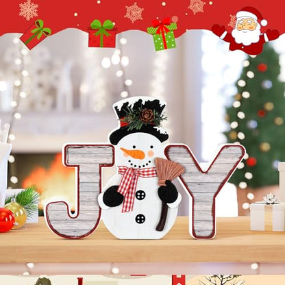 Snowman Christmas Decorations Indoor, Wooden Joy Sign Tabletop Decor