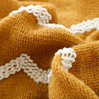 BOURINA Knitted Throw Blanket Boho Chenille Blanket,Dark Gold 50x60Inch - color: A-mustard, size: 50"×60"