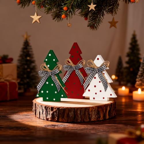 Christmas Tiered Tray Decoration Set - 3pcs Rustic Wooden Christmas Tree Design with Polka Dot Elements Table Centerpieces - Farmhouse Style Freestanding Display for Coffee Bar, Dining Table - style: Polka Dot-B