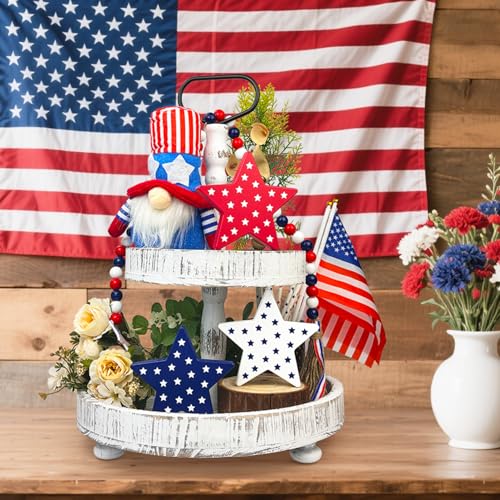 4th of July Table Decorations 3 PCS, Fourth of July Red White Blue Wooden Star Decor Centerpiece for Indoor Home, 250th Anniversary Memorial Day Patriotic Gift Sign for Mantel Office Tiered Tray Party - style: Wooden Stars