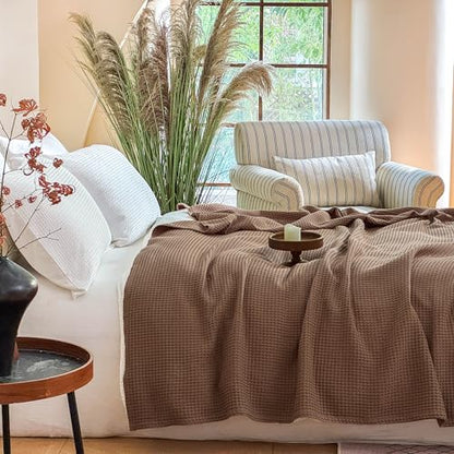 Simple&Opulence 100% Cotton Waffle Blanket, Twin Size 66"x90", Light Brown - color: Light Brown, size: Twin(66"x90")