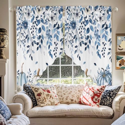 Blue Fall Pumpkin Swag Valances Kitchen Curtains 36 Inches Length,Thanksgiving White Eucalyptus Leaves Tier Drapes Swag Topper,Farmhouse Floral Short Window Treatment for Small Window 2 Panels 28"x36" - color: Blue White, size: 28"W x 36"L (Pack of 2)