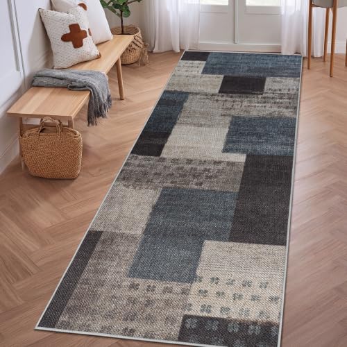 Modern Outdoor Patio Runner Rug, Geometric Patchwork Kitchen Runner, Blue - color: Blue-taupe, size: 2x6ft