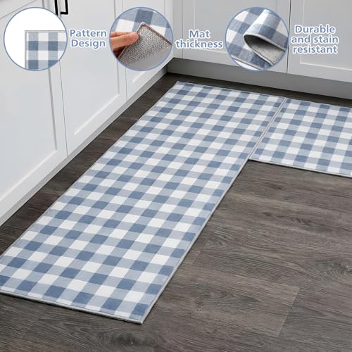 Dunzy 2 Pcs Blue Gingham Kitchen Mats Cute Farmhouse Plaid Runners Non-Slip - color: Blue