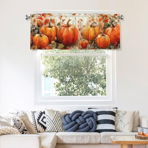 Worltoldb Thanksgiving Pumpkin Curtain Valance Short Rod Pocket Window Treatment for Living Room Bedroom Kitchen Bathroom 1 Panel 54" W x 18" L - color: Thanksgiving Pumpkin