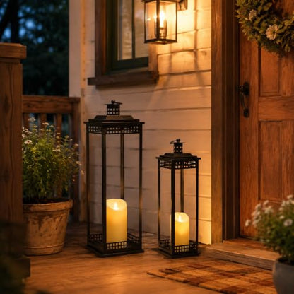 Large Lanterns Decorative Indoor, 2 Pcs Black Floor Lanterns with Candles - size: 23in and 17in