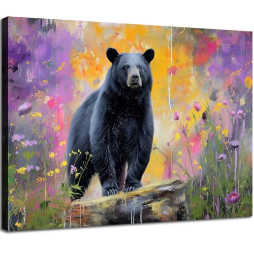 Halioyo Black Bear Canvas Wall Art, Wildflower Bear Print(12x16 in) - color: Painting-09, size: 16"L x 12"W