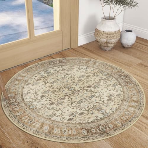 SIILOOM Washable 3ft Circle Round Rug, 3x3 Non-Slip Soft Circular Area Rugs - color: Beige/Brown, size: 3' (Round)