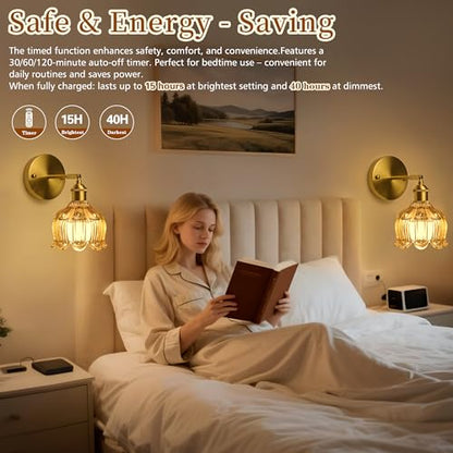 Battery Operated Wall Sconces Set of 2, Amber Tulip Glass Wall Lights | Rechargeable flower wall lamps with remote control, 15 colors, 10-level dimming and timer for bedroom and living room - color: Amber