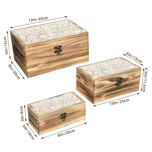 Set of 3 Wood Decorative Boxes, Rustic Farmhouse Keepsake Box Wooden Box with Hinged Lid and Floral Carved Design, Decorative Boxes for Home Decor, Brown - color: Brown - 3PCS