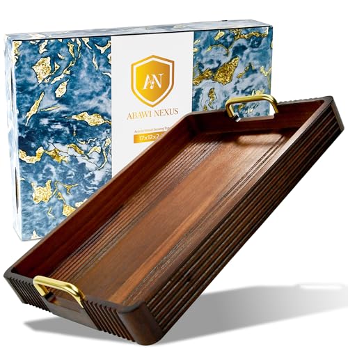 Acacia Wood Serving Tray with Metal Handle, 17x13in Tray for Ottoman - color: Dark Acacia / Gold Handle, size: 17” × 13” × 2”