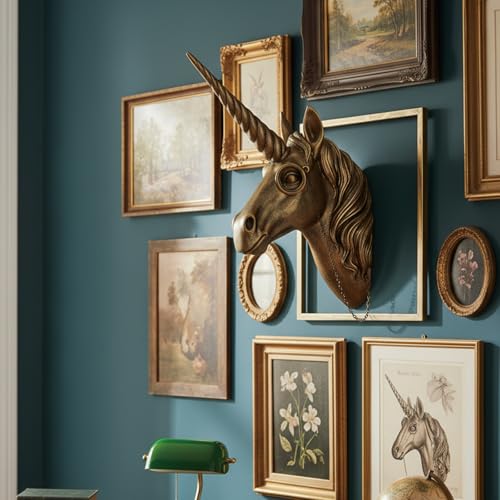 JJALIGHTS Exquisite Resin Animal Head Wall Sculpture (Gift Metal Frame) - Imitation Copper Vintage Decor for Living Room, Bedroom & Office | Decorative Wall Hanging Art (Unicorn) - color: Bronze Unicorn