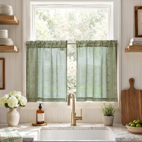 jinchan Linen Striped Tier Curtains for Kitchen Windows Boho - color: Boho Sage Green | on Beige, size: 26"W x 24"L (Pack of 2)