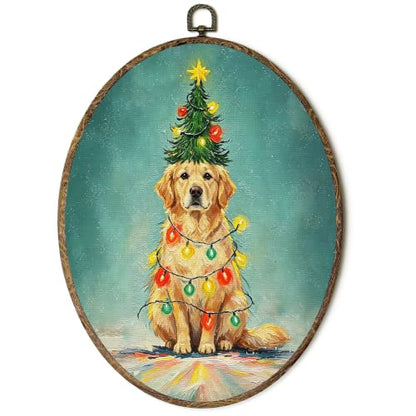 OINDADE Funny Christmas Golden Retriever Dog Oval Wall Art Hanging Decor - color: Christmas Golden