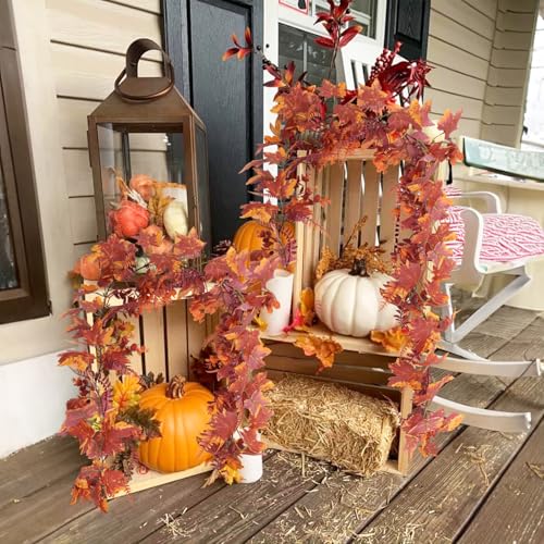 RECUTMS 2Pc Fall Maple Leaves Vines with Boston Fern Eucalyptus Leaf 5.74FT - color: 2pcs Fall Maple Boston Garlands