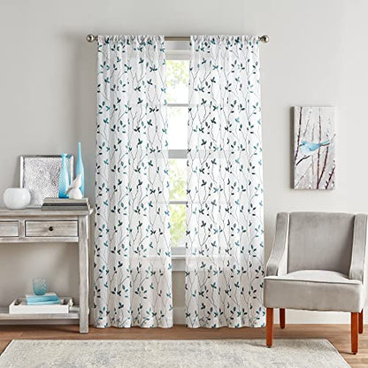 Curtainworks Botanical Embroidery Sheer Window Curtain Collection, Rod Pocket, 84-inch Panel Pair, Blue - color: Blue, size: 37"W x 84"L (Pack of 2)