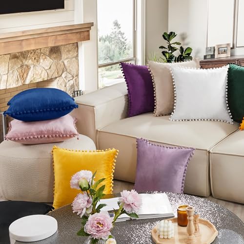 Deconovo Velvet Throw Pillow Covers, Set of 2, 16” x 16” Navy, Square Pom-poms Hidden Zipper Cover for Living Room - color: Navy, size: 16" x 16" (Pack of 2)