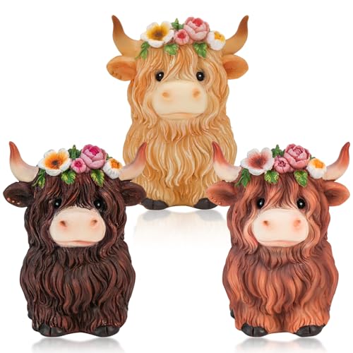 nuvagiki Highland Cow Decor Set of 3, Spring Farmhouse Highland Cow Figurines with Flower Crown, Cow Tiered Tray Decorations for Home Kitchen Table, Rustic Country Shelf Decor, Cow Gifts for Women