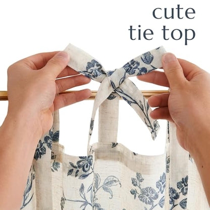 jinchan Blue Floral Kitchen Tier Curtains Alisa 24 Inches Tie Top 2 Panles - color: Alisa Blue on Linen, size: 26"W x 24"L (Pack of 2)