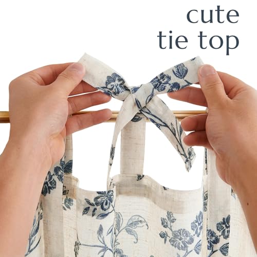 jinchan Blue Floral Kitchen Tier Curtains Alisa 36 Inches Tie Top 2 Panles - color: Alisa Blue on Linen, size: 26"W x 36"L (Pack of 2)
