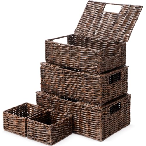Yookeer 5 Pcs Woven Storage Basket Wicker Bin Plastic Rattan Brown - color: Brown