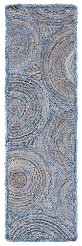 SAFAVIEH Cape Cod Collection Runner Rug - 2'3" x 8', Blue & Natural, Handmade Boho Braided Circles Jute & Cotton, Ideal for High Traffic Areas in Living Room, Bedroom (CAP203M) - color: Blue/Natural, size: 2'3" x 8' (Runner)