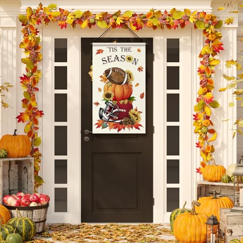 Tegeme 3 Pcs Fall Football Door Sign Flag Decoration Autumn Hanging Banner - style: Football