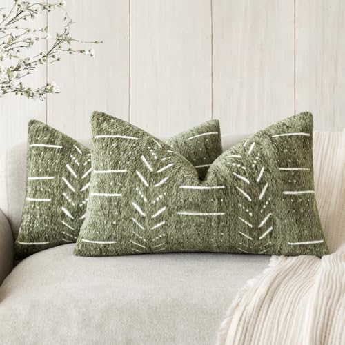Foindtower Set of 2 Decorative Chenille Jacquard Throw Pillow Covers Textured Farmhouse Lumbar Cushion Covers Modern Boho Accent Home Decor for Sofa Chair Couch Bed Living Room,12×20 Inch,Olive Green - color: Olive Green, size: 20" x 12" (Pack of 2)