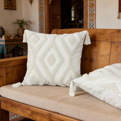 Boho Tufted Throw Pillow Covers 18x18 Inch with Tassels, White - color: Ivory Geo Tufted