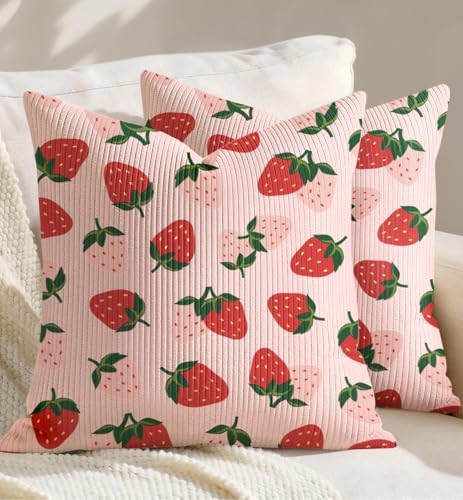 Corduroy Throw Pillow Covers 18x18 - Set of 2 Decorative Spring Pillow Covers with Zipper Farmhouse Decor Cottage Throw Pillowcases for Couch Sofa Living Room Home Bedroom, Strawberry - color: Strawberry, size: 18" x 18" (Pack of 2)