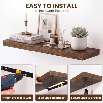 Dreamland 24Inch Floating Shelves for Wall 6.7" Deep Rustic Brown Set of 2 - color: Rustic Brown, size: 6.7"D x 24"L