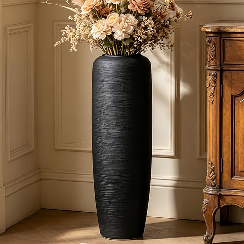 Black Rustic Ceramic Floor Vase, 24 Inch, Ribbed Texture - size: 23.6 Inch