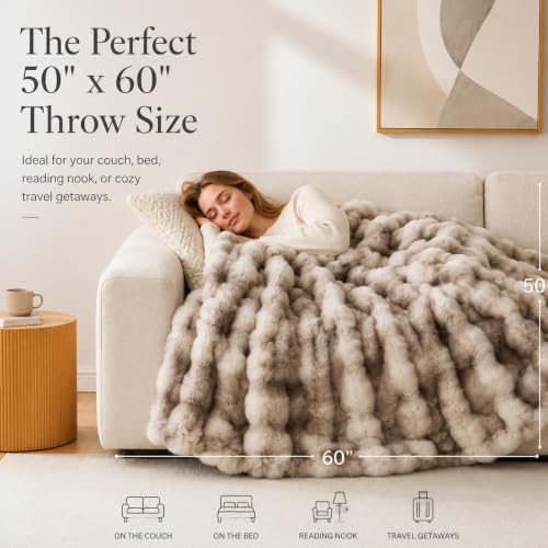 Faux Fur Throw Blanket for Couch, 50"x60" Double-Sided Soft Bubble Blanket - color: Gray Brown, size: Throw 50"x60"
