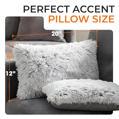 Cheer Collection Throw Pillows for Couch and Bed, Soft Shaggy Throw Pillows with Inserts Included, Cozy Long Hair Faux Fur Pillows - Set of 2-12" x 20" - Gray - color: Gray Ombre, size: 12" x 20"
