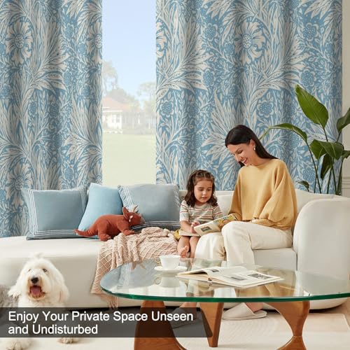 Blue Floral Blackout Curtains for Bedroom and Living Room, Farmhouse Summer Thermal Insulated Black Out Curtains 84 Inch Long with Two Tiebacks, Room Darkening Soundproof Bedroom Curtains 2 Panels Set - color: Blue Floral Pattern