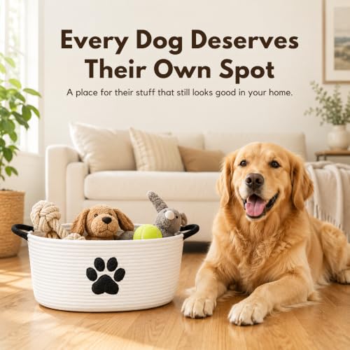 Dog Toy Basket with Handles, Cotton Rope Storage Bin Organizer for Pets - color: White/Black